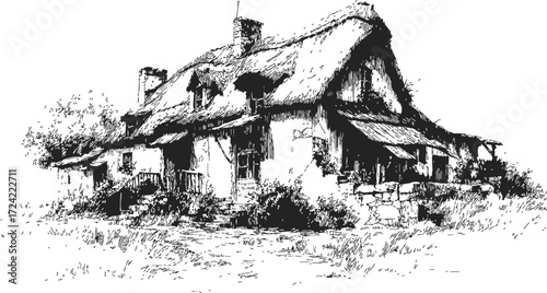 Thatched cottage sketch, hand drawn rural house with chimney, overgrown garden — stock vector
