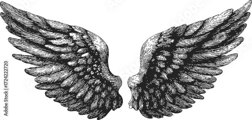 Angel wings sketch hand drawn detailed feathered open pair — stock vector
