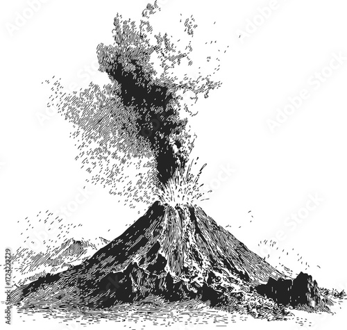 Volcano sketch hand drawn erupting with ash and smoke plume — stock vector