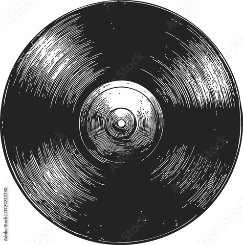 Vinyl record sketch, hand drawn style, detailed retro music disc illustration — stock vector