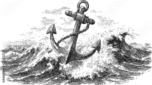 Anchor sketch hand drawn style with chain in rough ocean waves — stock vector