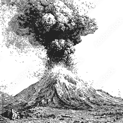 Volcano erupting sketch, hand drawn style with ash cloud and rugged landscape — stock vector