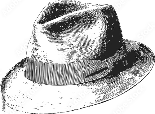 Fedora hat sketch, hand drawn style with detailed shading and ribbon band — stock vector