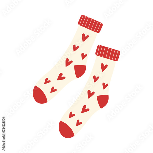 white socks decorated with red hearts. Cute vector illustration isolated on white background.