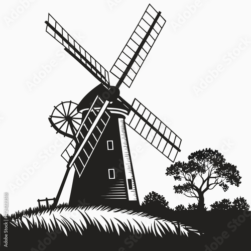 Traditional Windmill black and white vector