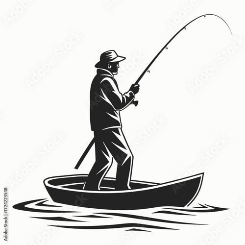 silhouette of a man fishing black and white vector