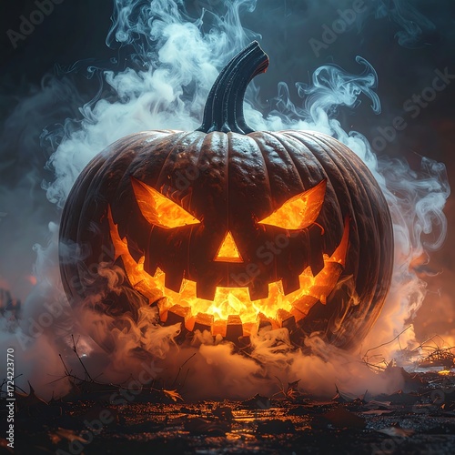 Glowing jack-o'-lantern in spooky fog