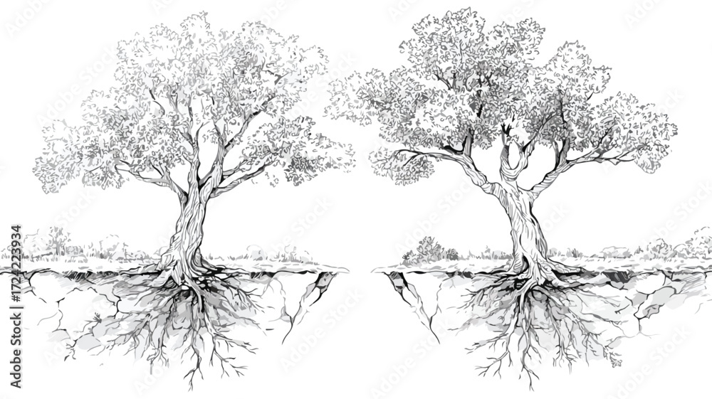 Fototapeta premium Uprooting Two Trees Vector Illustration: Growth, Change, Impact of Deforestation