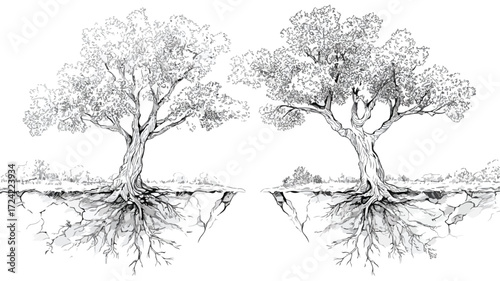 Uprooting Two Trees Vector Illustration: Growth, Change, Impact of Deforestation