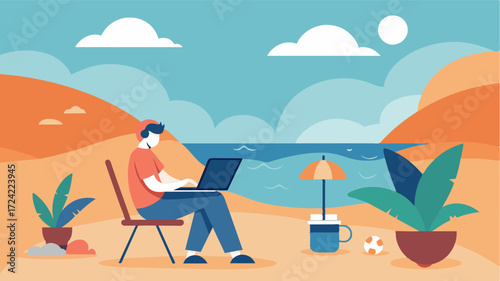 A freelancer sets up their workspace on a small secluded beach just steps away from the café. They type away on their laptop while listening to the calming rhythm of the waves.. Vector illustration