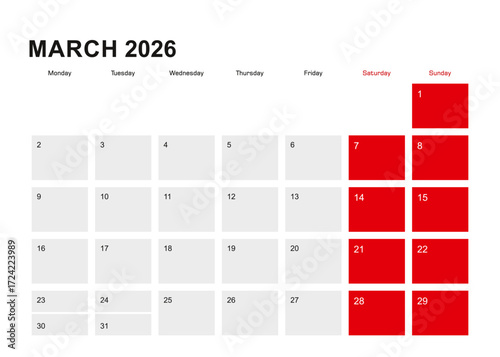 2026 March planner calendar design. Week starts from Monday.