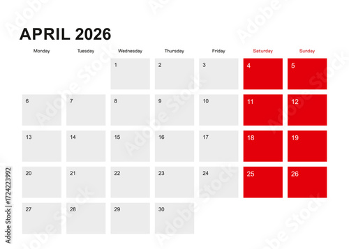 2026 April planner calendar design. Week starts from Monday.