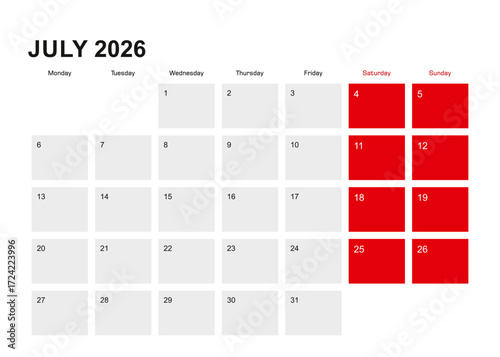 2026 July planner calendar design. Week starts from Monday.
