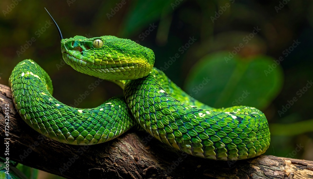 Obraz premium Green venomous snake on branch