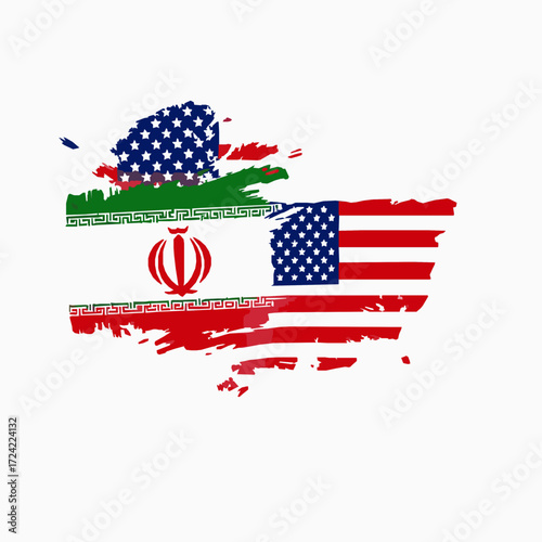 Overlapping Map Shapes of Iran and USA Flags with Brushstroke Texture United States