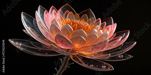 Surreal digital sculpture, futuristic organic flower made of molten glass and chrome