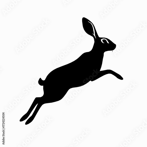 Black silhouette of a rabbit or hare in a dynamic leaping pose on a white background animal