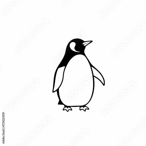 Simple black and white outline drawing of a penguin standing upright bird animal