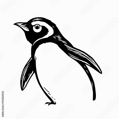 Black and white linocut style illustration of a walking penguin bird animal