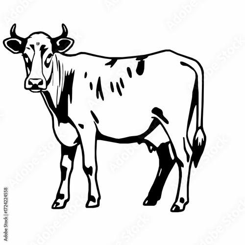 Black and white illustration of a cow with a spotted pattern standing on a white background cattle animal