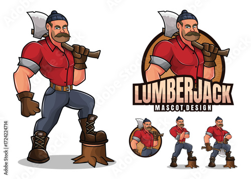 Cartoon Lumberjack Mascot Icon – Strong Worker and Axe Character Illustration