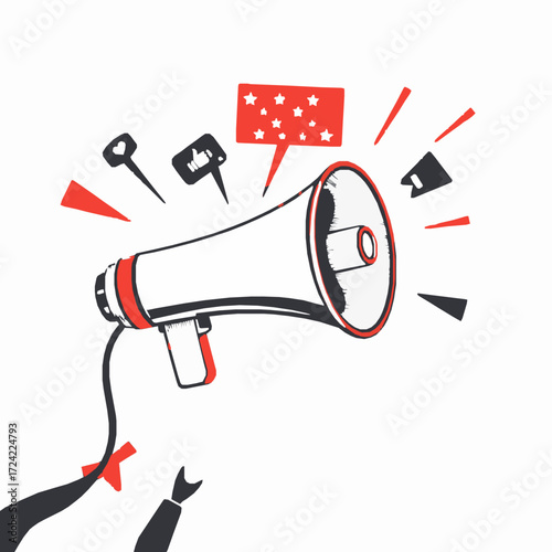 Hand drawn megaphone with social media icons and radiating lines on white background loudspeaker announcement
