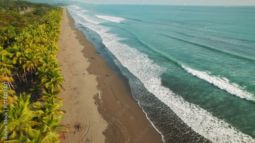 Palm trees and ocean waves on tropical black sand beach, aerial drone view