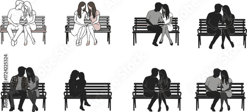 Romantic couples sitting on park bench, love relationship moments, silhouette illustrations of people together outdoors