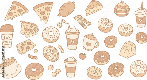 Hand-drawn coffee and pastries: donuts, pizzas, and more in doodle style