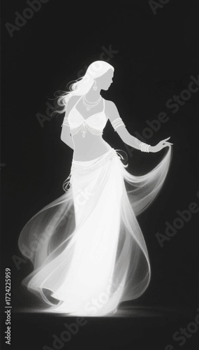 An illustration of a translucent silhouette of a woman in a light silk dress glowing with white ghostly light. Vector graphics. EPS.