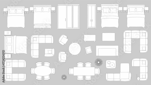 Collection of furniture and home decor items presented as a white silhouette on a neutral gray background for interior design planning