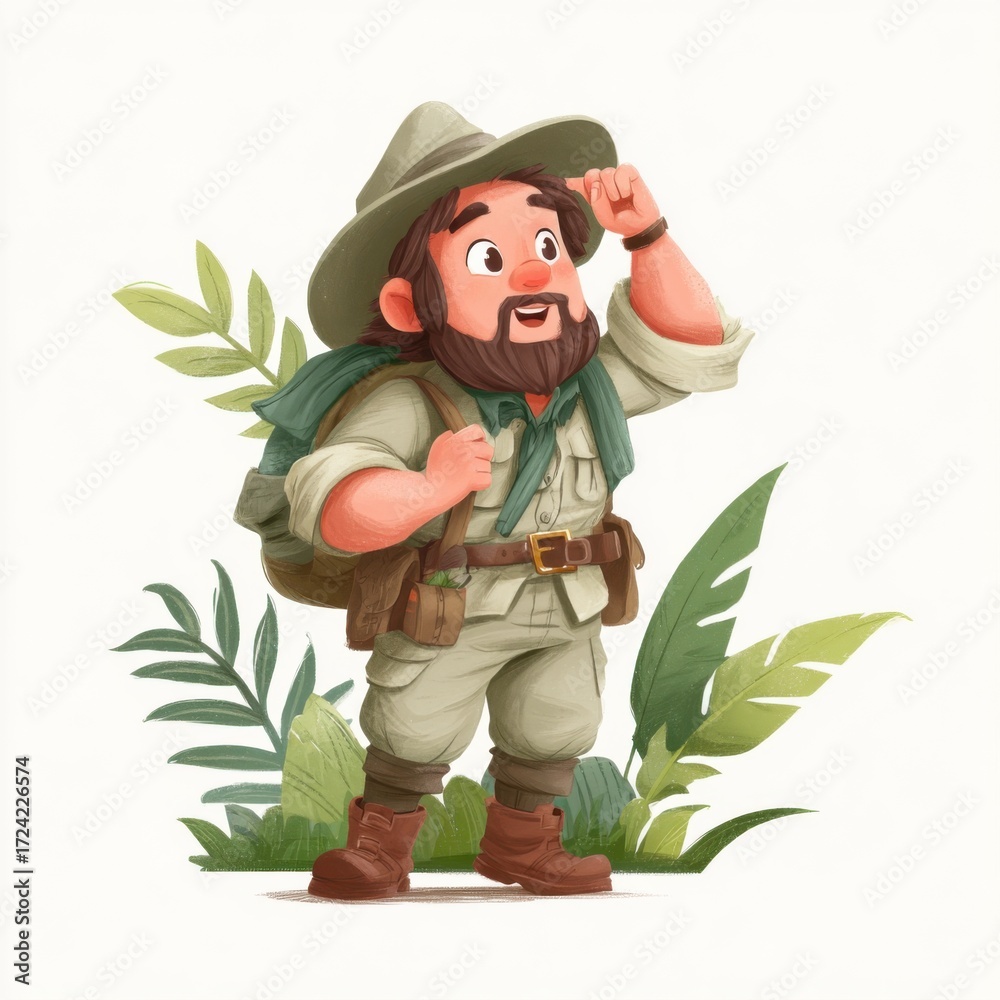 Fototapeta premium Cartoon Explorer with Backpack and Hat in Lush Jungle.
