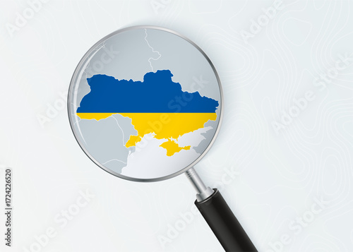 Ukraine Map Under Magnifying Glass with National Flag Overlay.
