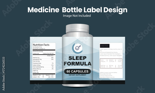 Editable medicine bottle label mockup featuring a sleep formula dietary supplement design with nutrition facts and directions for product branding.
