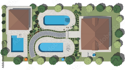Aerial view of a modern residential property with two swimming pools and lush green landscaping in silhouette
