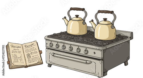 Vintage stove with teapots and recipe book in detailed hand-drawn style