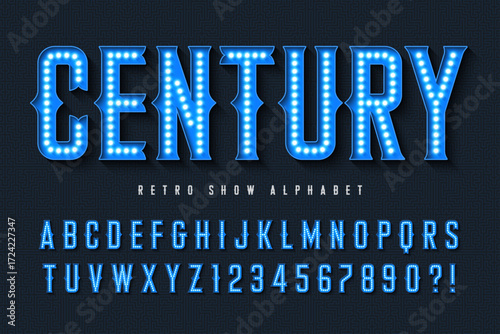 Circus show alphabet design, marquee theater, magic LED lamps letters and numbers.