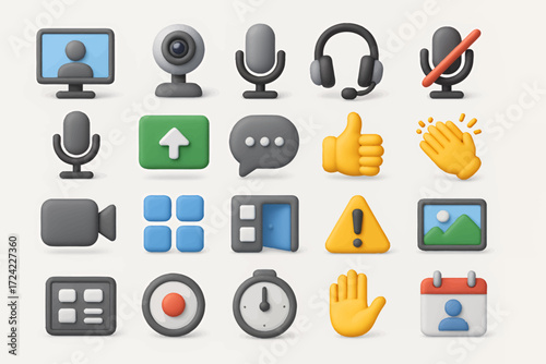 Collection of 3D digital icons representing communication and collaboration tools for online meetings and virtual interactions
