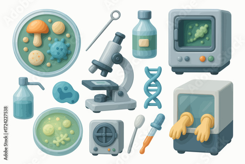 Vibrant cartoon illustration set depicting essential microbiology lab equipment, genetic research tools, and microscopic organisms for scientific discovery