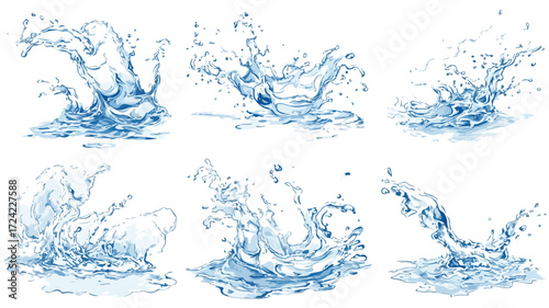 Pure Water Splashing Vector Set on White Background