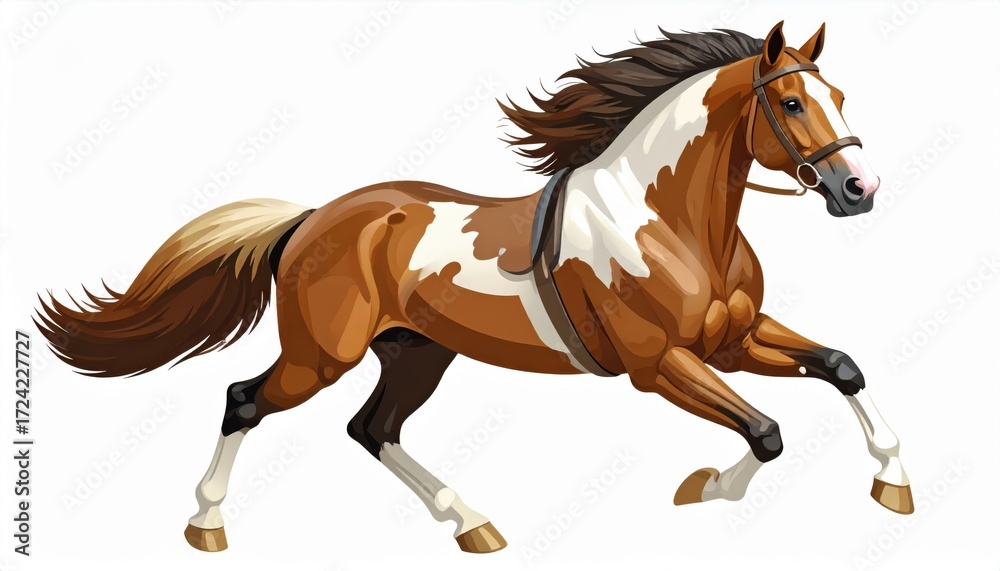 Fototapeta premium A powerful brown and white horse gallops with speed and grace, isolated on a clean white background.