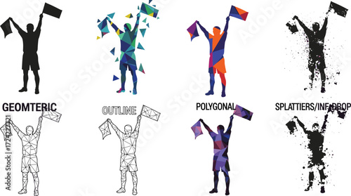 Abstract flag holder illustration set, geometric styles, polygonal design, outline figure, ink splatter, vector art