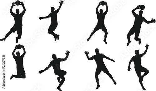 Basketball player silhouettes in action poses, dribbling, dunking, shooting, jumping, isolated on white background