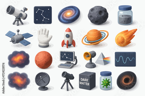 Space Exploration 24 Cartoon Icons of Planets, Rockets, and Telescopes