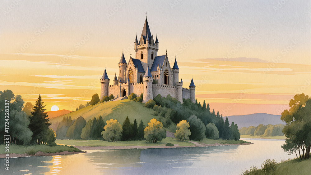 Fototapeta premium Fairytale Castle by the River at Sunset