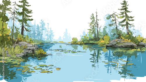 Serene Pond Landscape Vector Scene for Graphic Design Projects