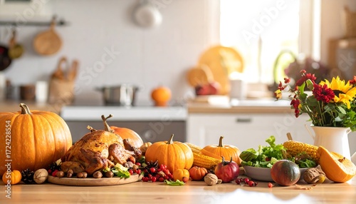 Poster with a warm kitchen scene preparing Thanksgiving food with family