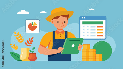 A farmer making a budget plan for the year ahead using digital financial management tools.. Vector illustration