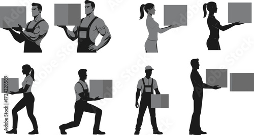 Box lifting posture illustration set, ergonomic techniques, safety poses, workplace training, silhouette style, vector design