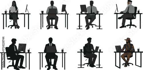 Diverse people working at desks, office or remote setup, technology, business attire, modern workspace, laptops